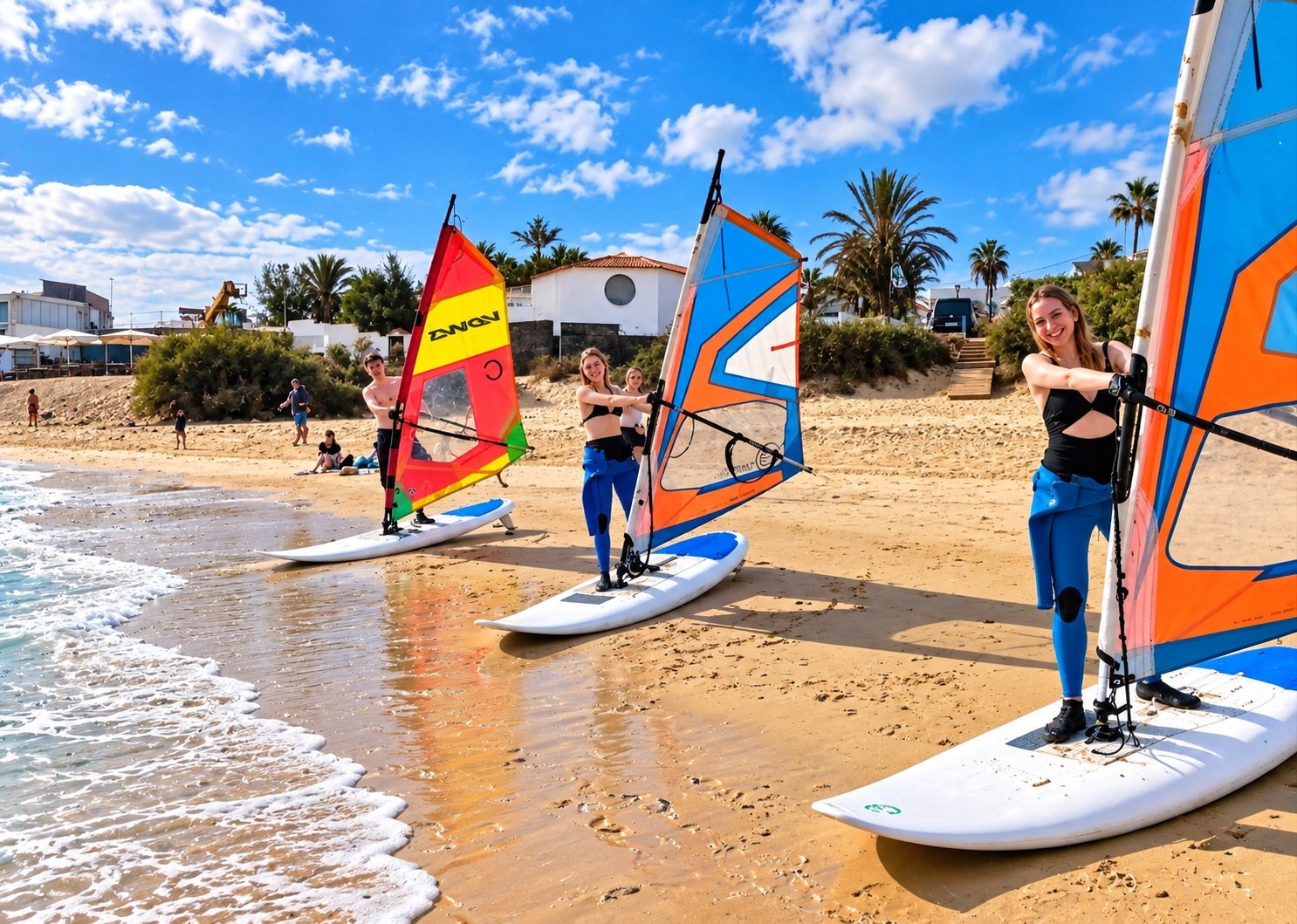 Beginner students with their boards on the beach in Corralejo, ready for their first lesson