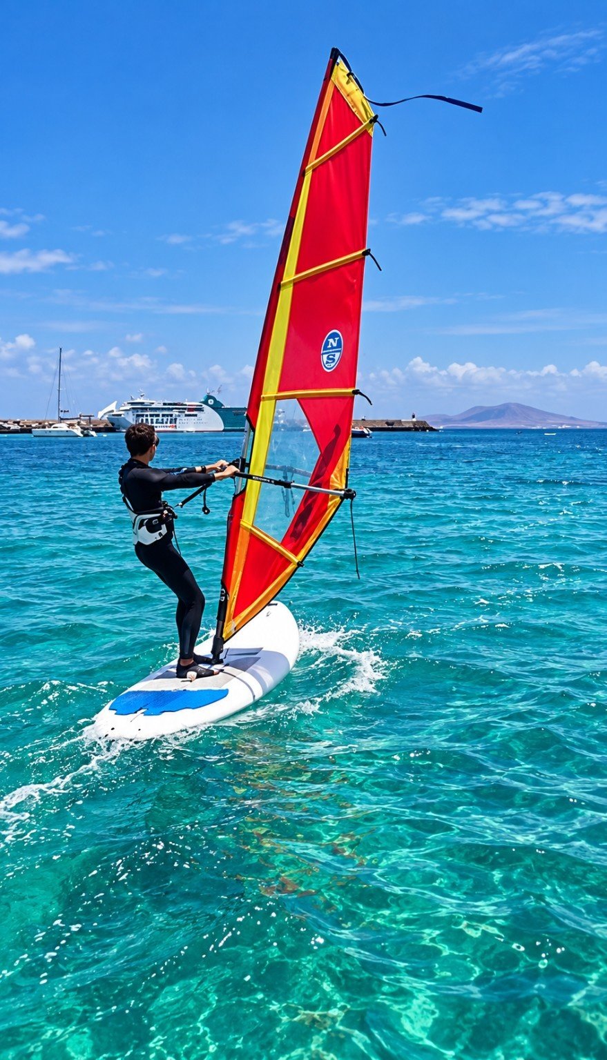 Intermediate windsurfer riding turquoise water in Corralejo bay during a NalooFuerte lesson