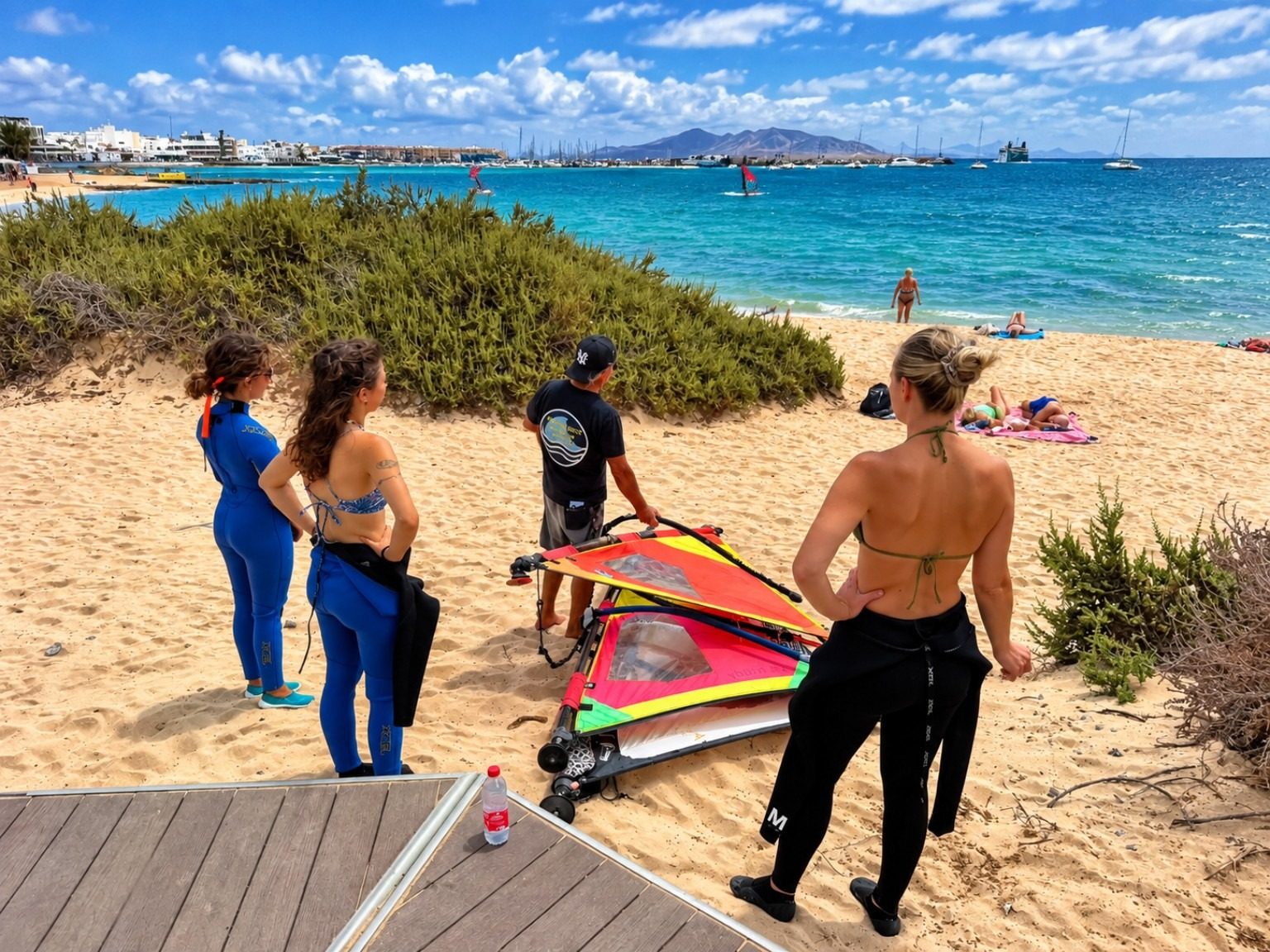 Paolo explaining the sails to beginner students during a beach briefing in Corralejo