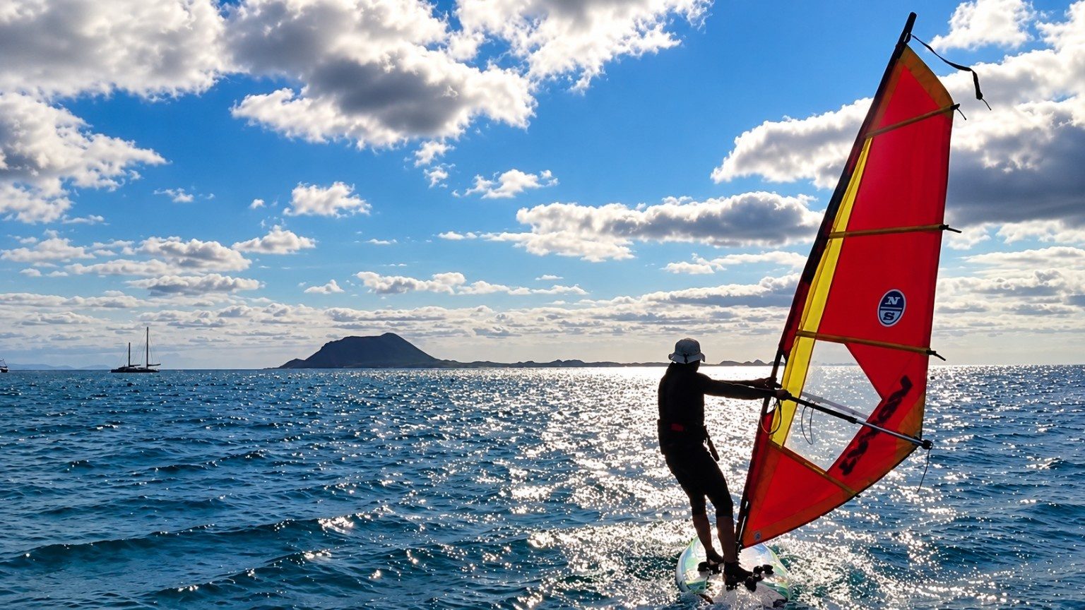 A student windsurfing on sparkling water with Lobos island in the background