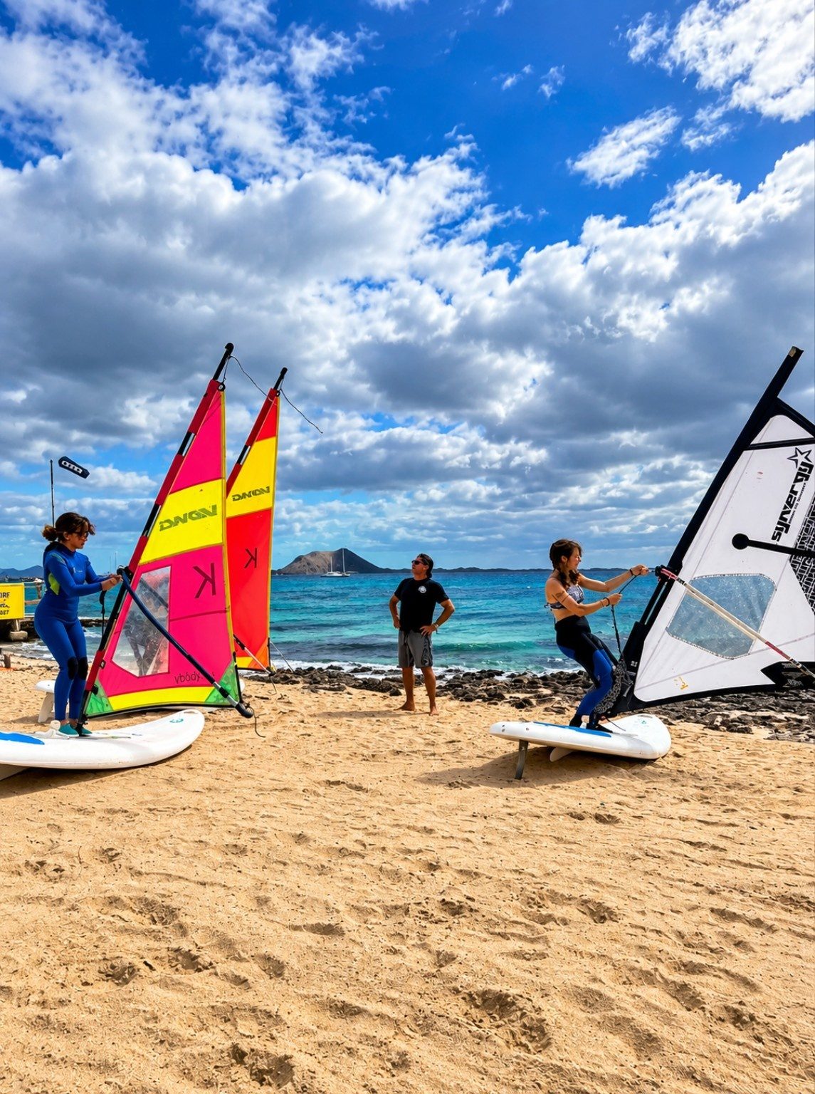 NalooFuerte students practicing with their sails on the beach in Corralejo, guided by instructor Paolo